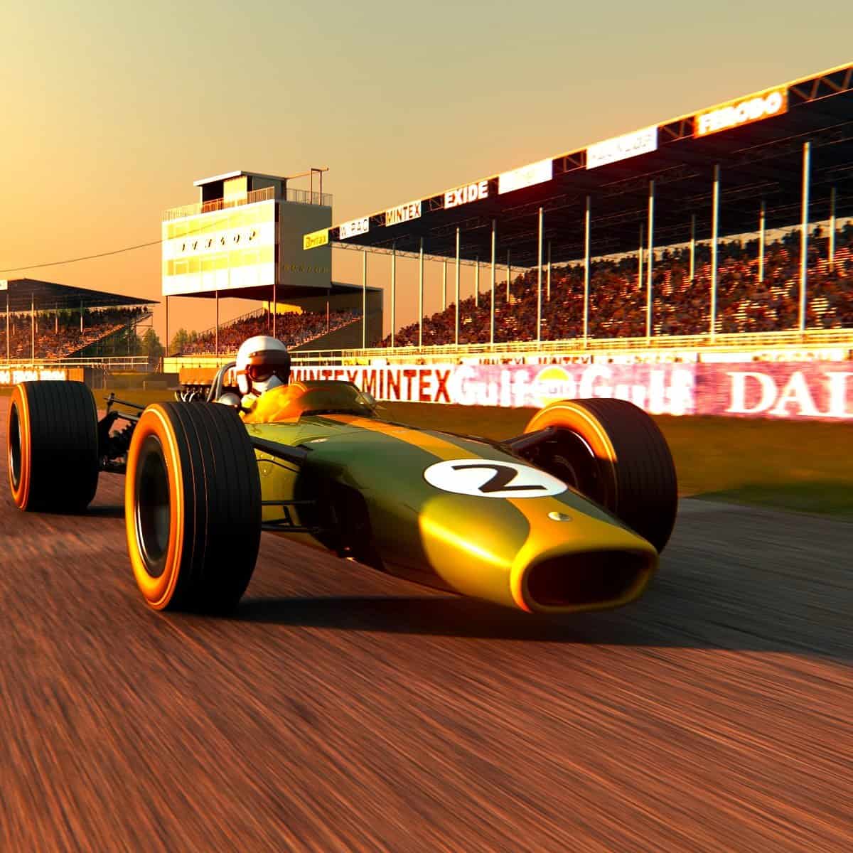 Rent Classic Cars simulator experience Lotus 49 Silverstone with support. Hire historical car simulators experience for company forum