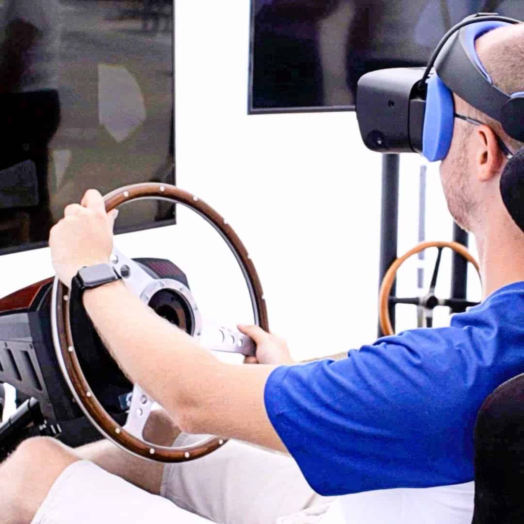 RoarFun Clients Eliska Junkova heritage old british steering wheel on VR motion simulator Targa Florio Bugatti immersive experience