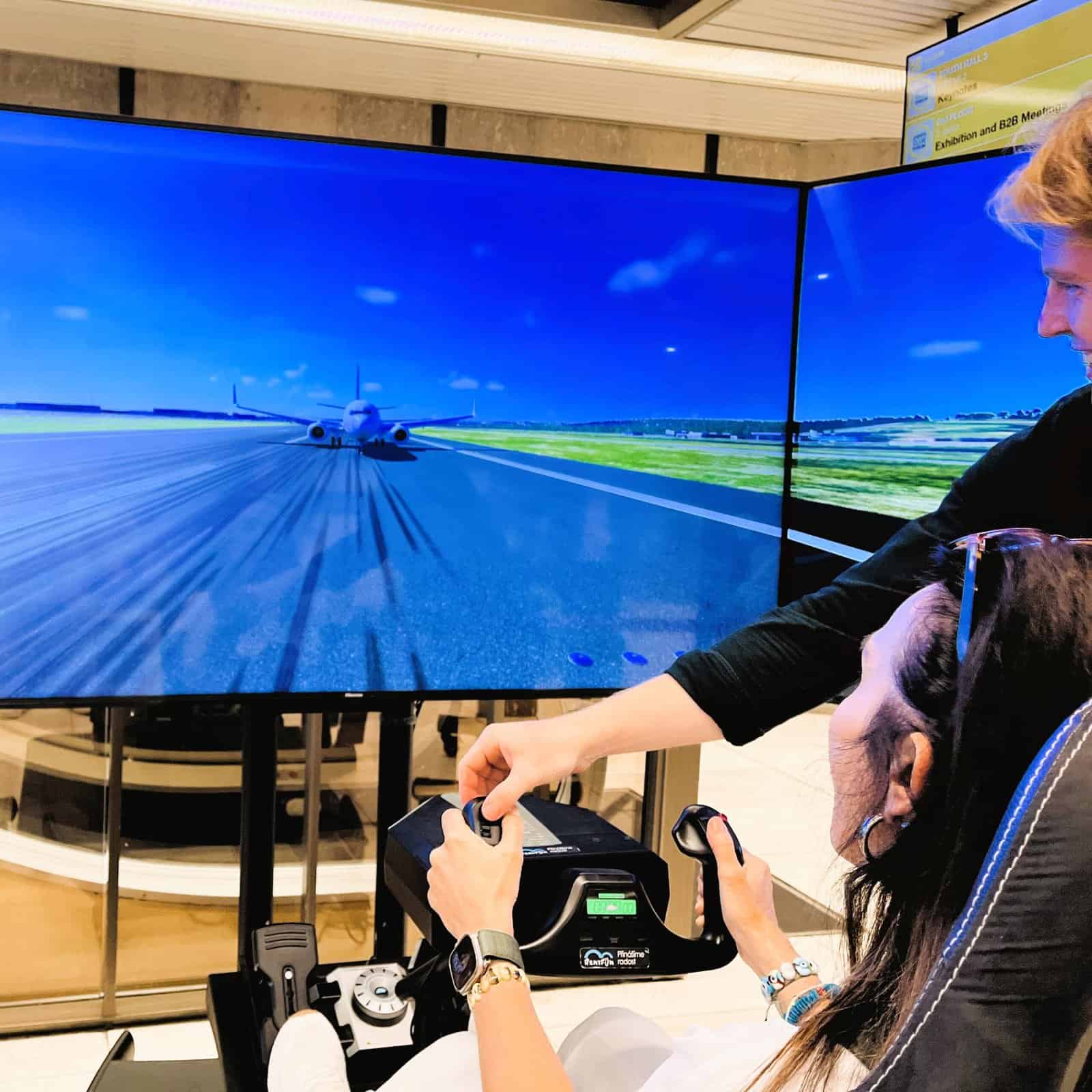 Panoramic screens on a motion flight simulator.