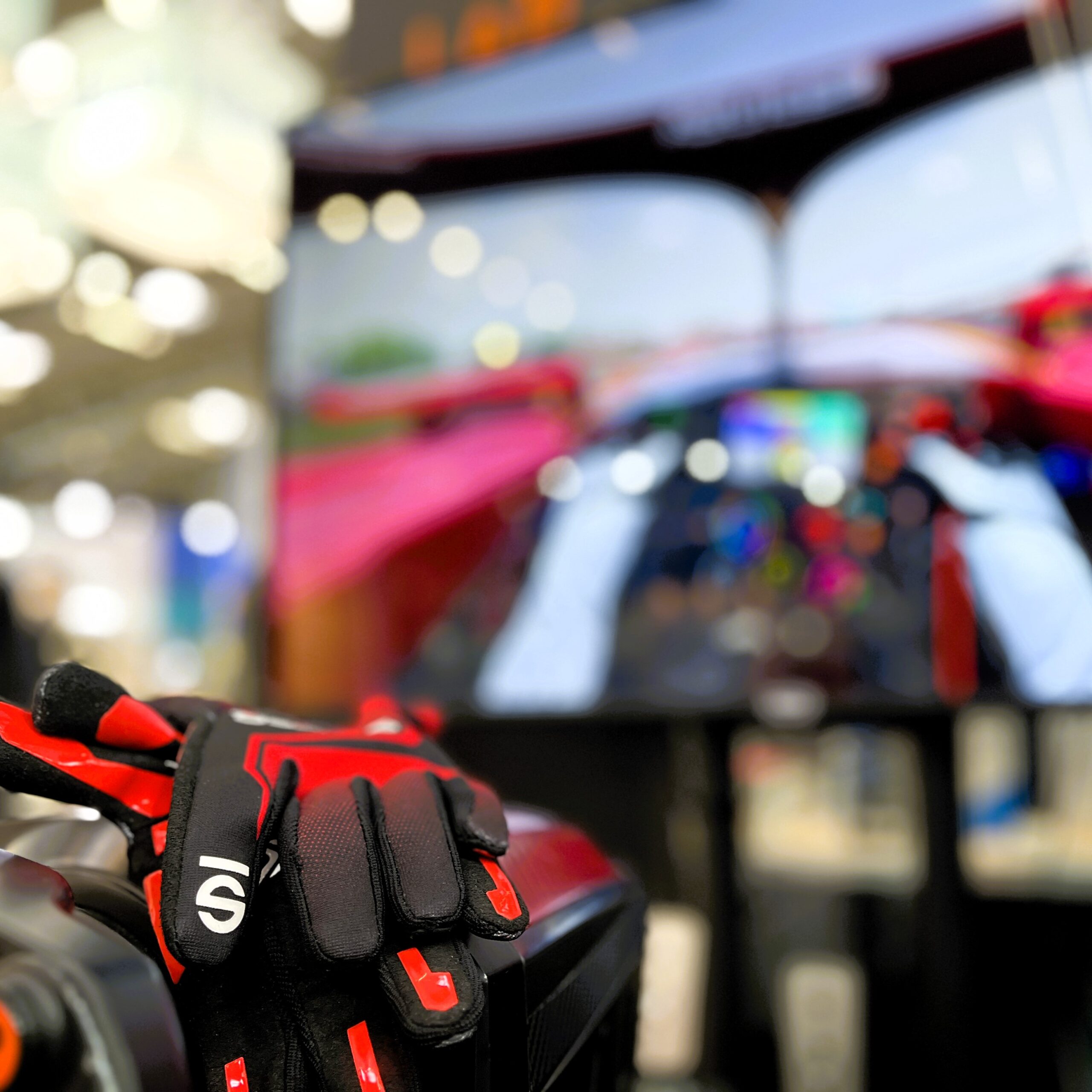 Sparco gloves on mobile racing simulator in Munich.
